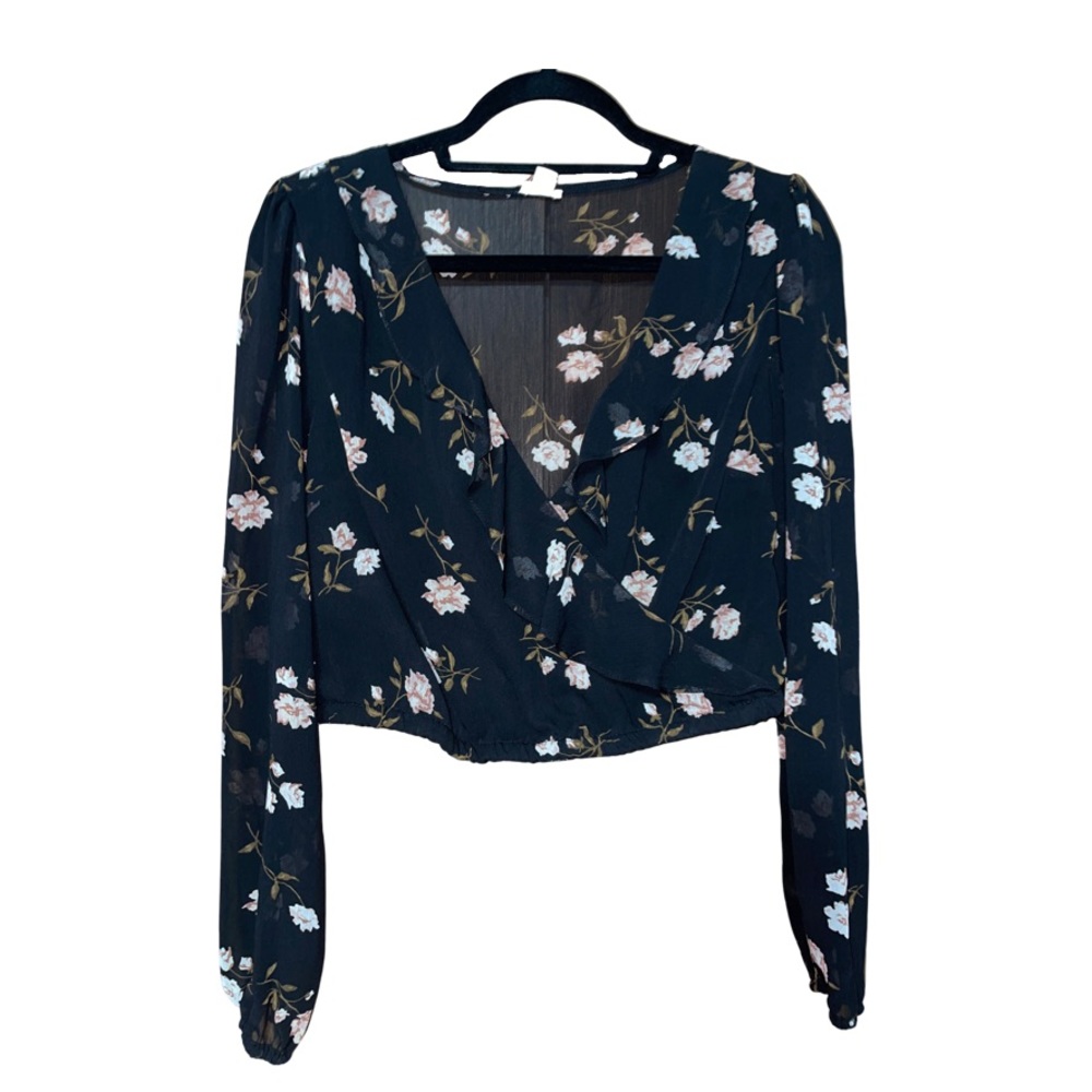 Garage Flower Long Sleeve Crop Top - Black - Size L